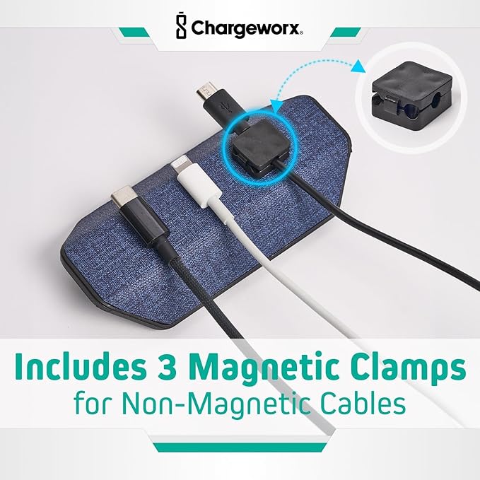 CHARGEWORX Magnetic Cable Organizer – 2 Pack- Weighted Non-Adhesive Cord Holder with 3 Magnetic Clips for USB-C, Lightning & MagSafe Cables – Desk, Office & Nightstand Cable Management