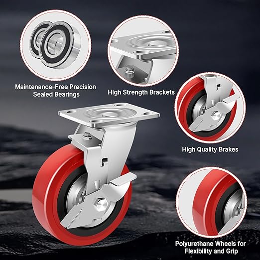 Nefish 6 Inch Industrial Grade Casters Wheels, Heavy Duty Polyurethane Casters (2 PACK) with Dual Ball Bearing, Solid Polyurethane Wheel 2250 Lb, Plate Swivel Casters for Cart, Industrial, Machine
