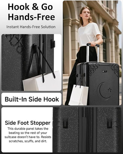 Somago 3 Piece Luggage Set with Cup Holder, Expandable 25% Capacity Suitcase with Shock-Absorbing Braking Spinner Wheels Moon Star Design Hardside Suitcase with TSA Lock (Black,Expandable Sets)