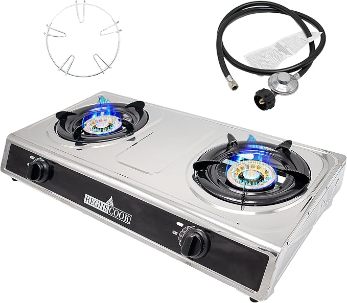 Double Burner Propane Gas Cooktop,Camping Portable LPG Gas Stove, Auto Ignition Stainless Steel Countertop with Regulator and Burner Grate