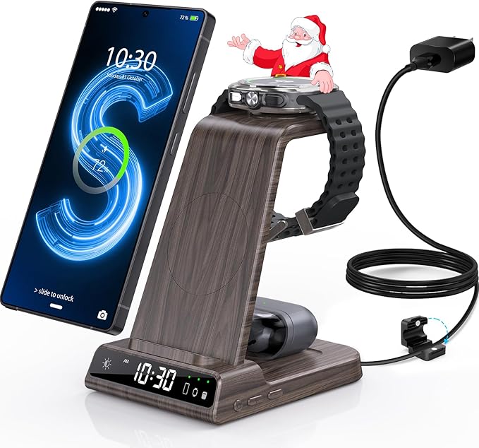 Wireless Charger for Samsung Charging Station with Clock for Samsung Galaxy S25 Ultra/S24 Ultra/Z Flip 7/ZFold6/Galaxy Bud, 3 in 1 Charger Station Watch Charger for Galaxy Watch 8/7/6/5Pro(Wood Grain)