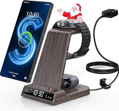 Wireless Charger for Samsung Charging Station with Clock for Samsung Galaxy S25 Ultra/S24 Ultra/Z Flip 7/ZFold6/Galaxy Bud, 3 in 1 Charger Station Watch Charger for Galaxy Watch 8/7/6/5Pro(Wood Grain)
