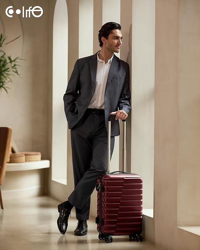 Coolife Carry On Luggage Airline Approved with Wheels Hard Shell Suitcase Spinner TSA Lock Telescopic Handle 20in-Wine Red