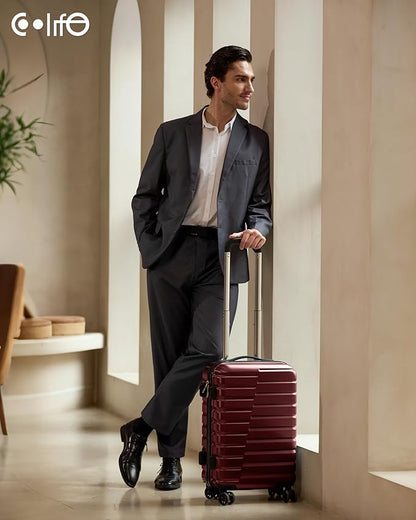 Coolife Carry On Luggage Airline Approved with Wheels Hard Shell Suitcase Spinner TSA Lock Telescopic Handle 20in-Wine Red