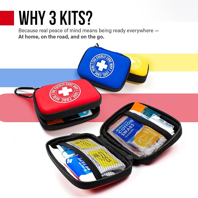 MiniAid First Aid Kit | Compact & Lightweight Case with Carabiners for Travel | Family & Kid Friendly 180 Pcs Wound Care Supplies for School, Work, Outdoor, Home & Office | Pack of 3