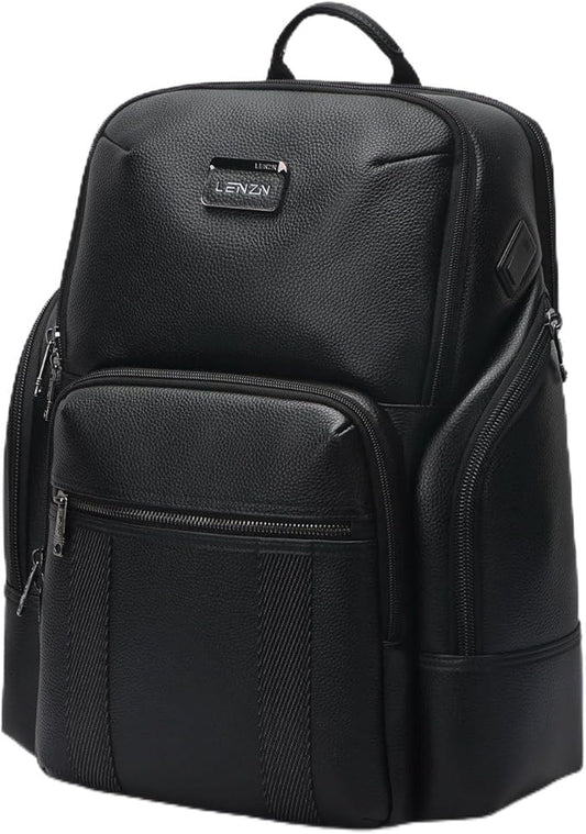 Durable Leather Laptop Business Backpack Perfect for Men & Women, Work Backpack Fits 15.6 Inch, Premium Quality Travel Bag with USB Charging Port, Water-Resistant, Bookbag with Multiple Pockets
