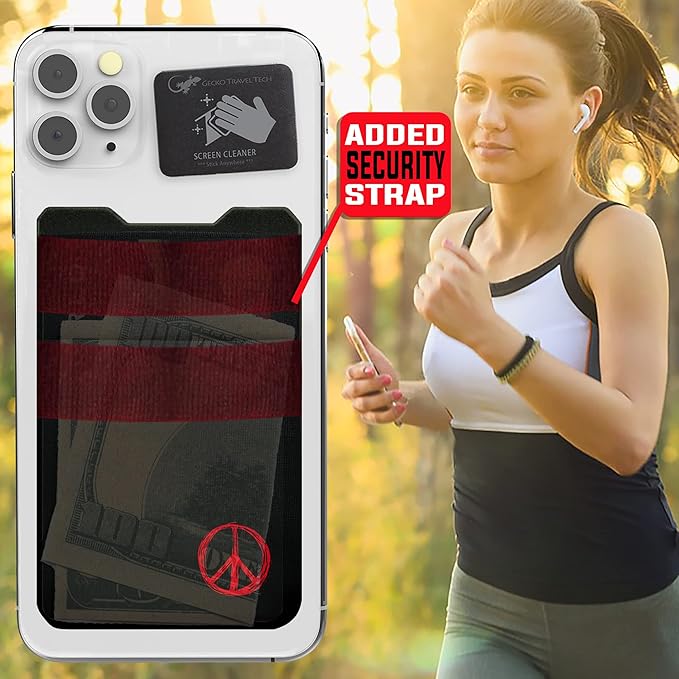 Gecko Travel Tech Double Pocket - Adhesive Card Holder - Cell Phone Pouch - Stick on Spandex Pocket - Carry Credit Cards and Cash (Peace)