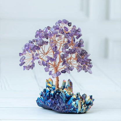 Amethyst Crystal Tree with Rainbow Titanium Cluster Base Tree of Life Decor for Shelf, Bedroom, Birthday Gifts for Women, Sister Gifts, Birthday Gifts for Mom, Cute Home Decor, Purple Decor Present