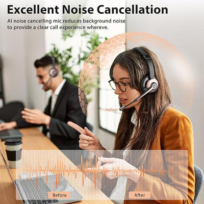 Wireless Headset with Mic for Work, Wireless Headset with Microphone (Noise Cancelling & Mute Button, USB Dongle & Charging Base), Bluetooth Headphones for Home/Office/Computer/Laptop/Phone/Teams/Zoom