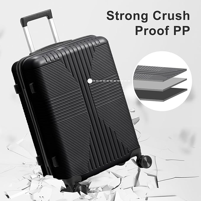 Karl home Luggage Sets 5 Piece, PP Hard Case Suitcase Set with Built-in Lock Spinner Wheels, Lightweight Durable Carry on Luggage for Business Travel - Black (12/16/20/24/28")