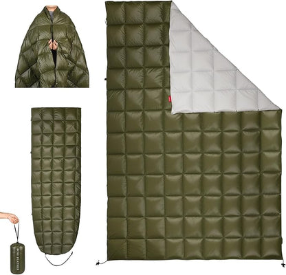 Down Camping Blanket - Lightweight, Packable, Warm & Puffy Outdoor Travel Quilt for Sleep, Hiking, Backpacking, Stadium, Festivals, Water-Resistant Sleeping Bag 55"x79"