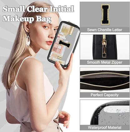 Small Clear Personalized Initial Makeup Bag,Nylon Preppy A-Z Chenille Letter Patch Cosmetic Pouch Beach Toiletry Bag,Waterproof Zipper Travel Purse Storage Bag Organizer for Women Girls(Black-Black I)