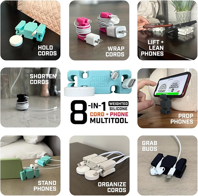 CordBrick Stocking Stuffers for Adults Cord Management Weighted Cord Holder Cable Wrap Phone Stand - Multiuse Gadget Organizer for Nightstand, Desk. Durable Silicone ((C) Light Gray, 4 Pack)