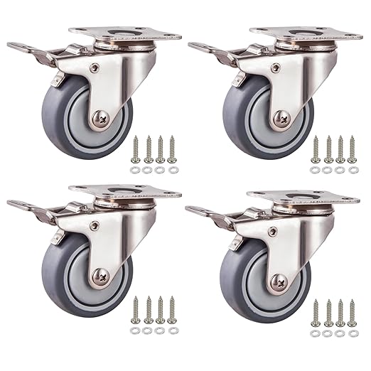 2 Inch Stainless Steel Caster Wheels Set of 4, Anti-Rust Swivel Casters with Brake, Silent and Floor-Friendly Thermoplastic Rubber Wheels for Furnitures,Labs,Hospitals,Restaurants