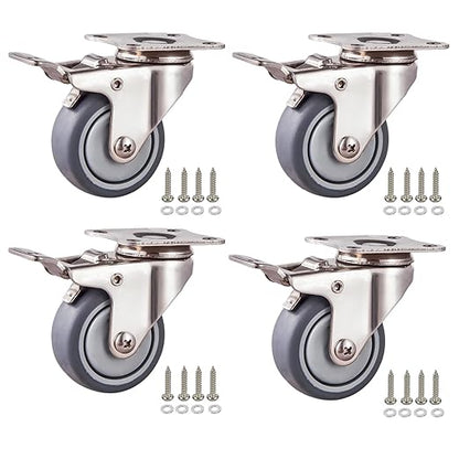 2 Inch Stainless Steel Caster Wheels Set of 4, Anti-Rust Swivel Casters with Brake, Silent and Floor-Friendly Thermoplastic Rubber Wheels for Furnitures,Labs,Hospitals,Restaurants