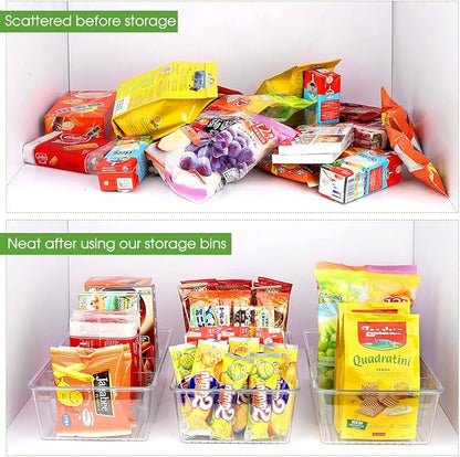 Snack Organizer for Pantry Shelf, 4 Pack Clear Plastic Pantry Storage Bins with 3 Dividers for Snacks, Spices, Chips Food Organizer, Stackable Pantry Organizers for Kitchen, Fridge, Cabinet