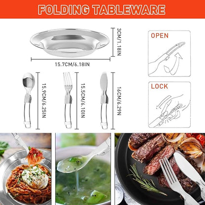 Camping Cookware Camping Cooking Set, Non-Stick Pots and Pans with Kettle, 2 Stainless Steel Plates, 2 Water Cups, 2 Sets of Knives and Forks, Spatula, Dish Towel, Backpack Storage Bag