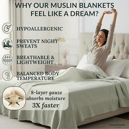 Cloud Scape Linen 8-Layer Muslin Blanket Queen Size - 100% Cotton, Soft and Breathable, Oversized Winter Blanket, Fits up to Full Size Bed, 92x92, Seafoam