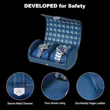 DUKWIN Watch Roll for 2 Watches,Vegan Leather Travel Watch Case Organizer with Removable Pillows for Men and Women,Display Case for Watches Collection and Gift for Anniversary Birthday(Blue Storage)
