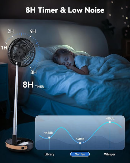 Portable Oscillating Travel Fan, 10400mAh Battery Operated Rechargeable USB Floor Table Desk Fan with Remote, 4 Speed Settings Pedestal Fan for Home Bedroom Office Camping Cruise, Black 8"