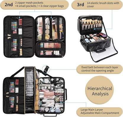 OCHEAL Rolling Makeup Train Case, 18" Carry On Travel Cosmetic Organizer Suitcase,Extra Large Trolley Makeup Storage Case On Wheels,3 Layers with 3pcs Traveling Bags for Hairstylist Cosmetology Artist