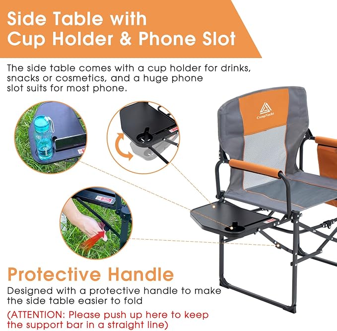 Wide Folding Director Chair with Table, Outdoor Camping Chair for Adults with Cup Holder Load 330 Lbs, Portable Lightweight Chair for Outside with Carry Bag for Patio, Orange-2Pack