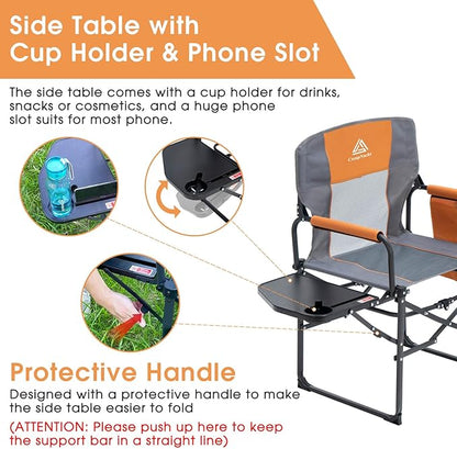 Wide Folding Director Chair with Table, Outdoor Camping Chair for Adults with Cup Holder Load 330 Lbs, Portable Lightweight Chair for Outside with Carry Bag for Patio, Orange-1Pack