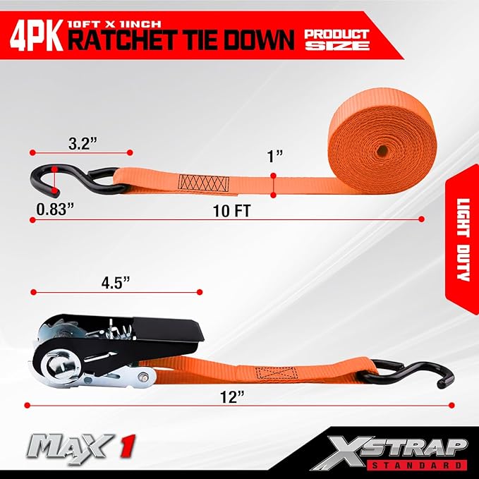 XSTRAP STANDARD Ratchet Tie Down Straps 4 Pk 10 Ft- 300 Lbs Load Cap- 900 Lbs Break Strength-Cargo Straps for UTV, ATV, Pickup,Truck, Moving Appliances, Lawn Equipment, Orange
