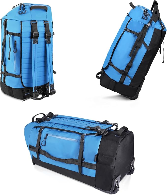 CONTAIL 86L Wheeled Duffel Bag, Soft Shell with Adjustable Web Handles, Carry On Size 29.5x14.2x12.6in, Foldable with Dual Wheels & Shoe Compartment,Blue