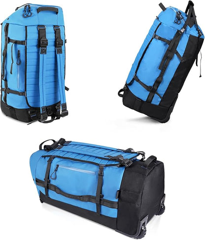 CONTAIL 86L Wheeled Duffel Bag, Soft Shell with Adjustable Web Handles, Carry On Size 29.5x14.2x12.6in, Foldable with Dual Wheels & Shoe Compartment,Blue