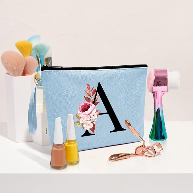 Vavabox A-Z Personalized Makeup Bag, Birthday Gifts for Women Mom, Gifts for Best Friend, Bride Bridesmaid Cosmetic bag (N, Blue)