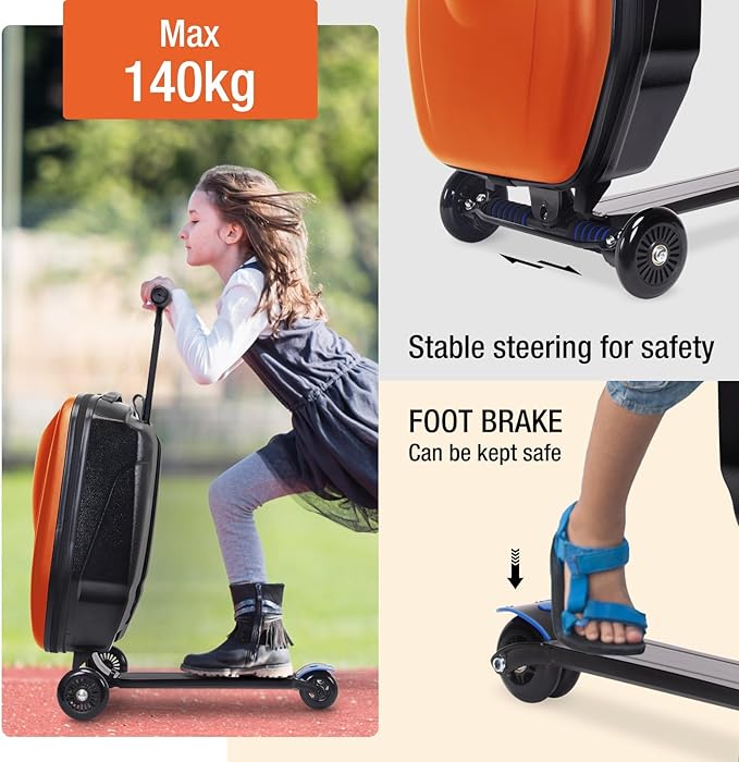 Apelila 20" Scooter Suitcase for Kids, 2-in-1 Ride On Luggage with Wheels for Boys & Girls Ages 4-15, Foldable Hardshell Carry On Lightweight Travel Suitcase for Airplane (Orange)