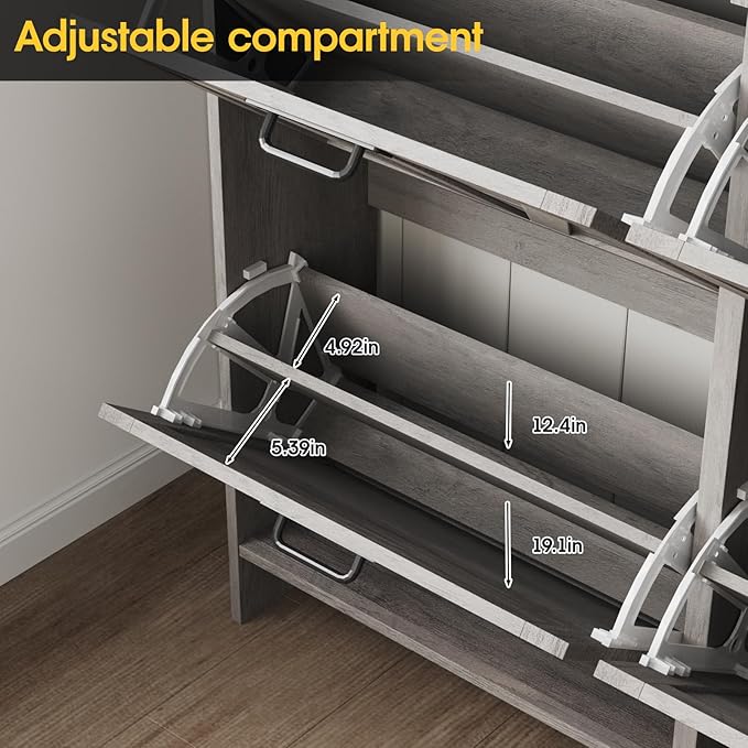 Shoe Cabinet with 4 Flip Drawers & 2 Drawers,Farmhouse Shoe Storage Cabinet for Entryway,Slim Freestanding Organizer Rack for Front Door Entrance,Grey