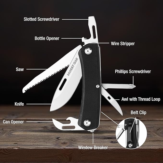 MOSSY OAK Multitool Pocket Knife, 10-in-1 Folding Pocket Knife Multitool with Stainless Steel Blade, Saw, Can Opener, Screwdrivers – EDC Tool for Camping, Hiking, Survival & Christmas Gifts