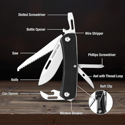 MOSSY OAK Multitool Pocket Knife, 10-in-1 Folding Pocket Knife Multitool with Stainless Steel Blade, Saw, Can Opener, Screwdrivers – EDC Tool for Camping, Hiking, Survival & Christmas Gifts