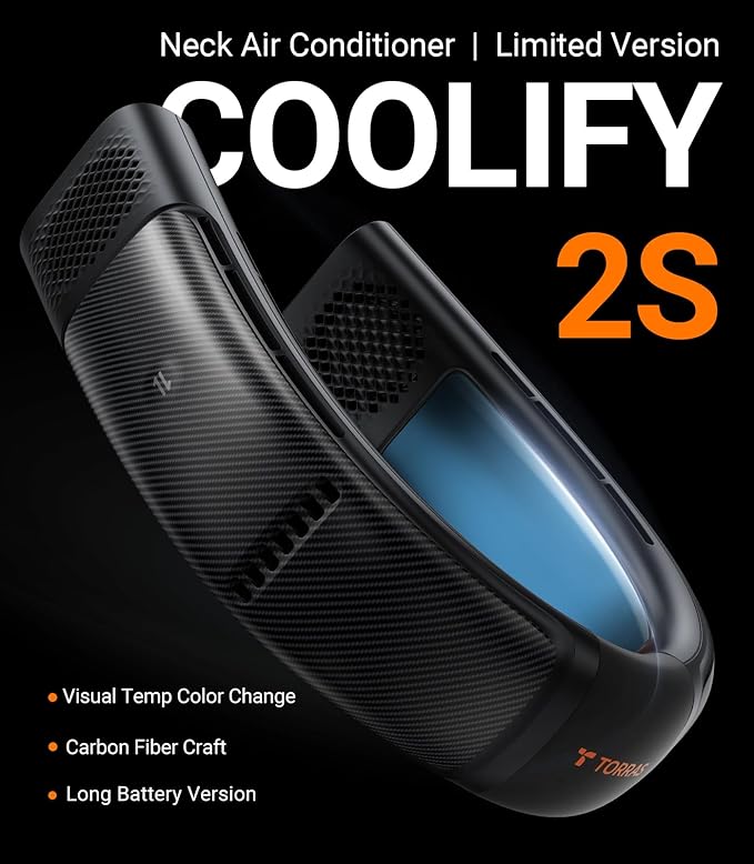 TORRAS COOLiFY 2S Neck Fans that Blow Cold Air [Limited Version], Neck Air Conditioner with Long Battery, Orange-blue-Change Neck Fan, Smart App Control Neck Fan Rechargeable, Black