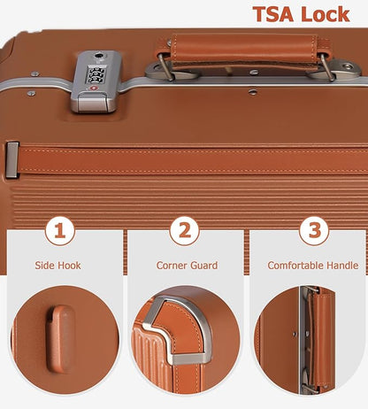 feilario 20in Hardshell Carry-On Luggage, Aluminum Frame Zipperless Suitcase with Brake Wheels, TSA-Accepted Lock & Side Hooks (Brown (zipperless closure), 20in)