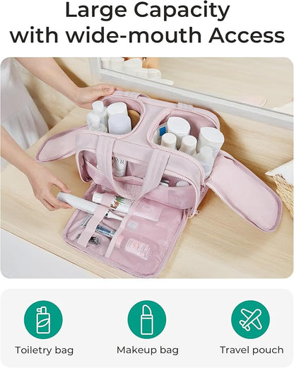 BAGSMART Travel Toiletry Bag, Crush Toiletry Bag for Women, Wide-open Puffy Toiletry Bags for Traveling, Large Travel Cosmetic Makeup Bag Organizer for Accessories,Toiletrie, Pink