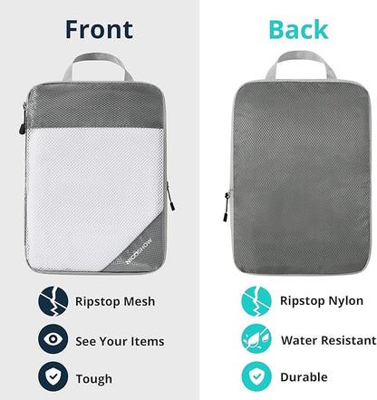 7 Set Compression Packing Cubes for Travel - Compressible, Lightweight, and Space-Saving Packing Cubes, Travel Essentials for Women, Grey