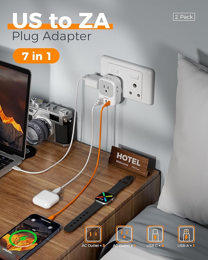 South Africa Plug Adapter 2 Pack, TESSAN Type M Adapter for South Africa with 4 Outlets 3 USB (2 USB-C), Type M Adaptor for US to Namibia Botswana India Nepal Mozambique Sri Lanka