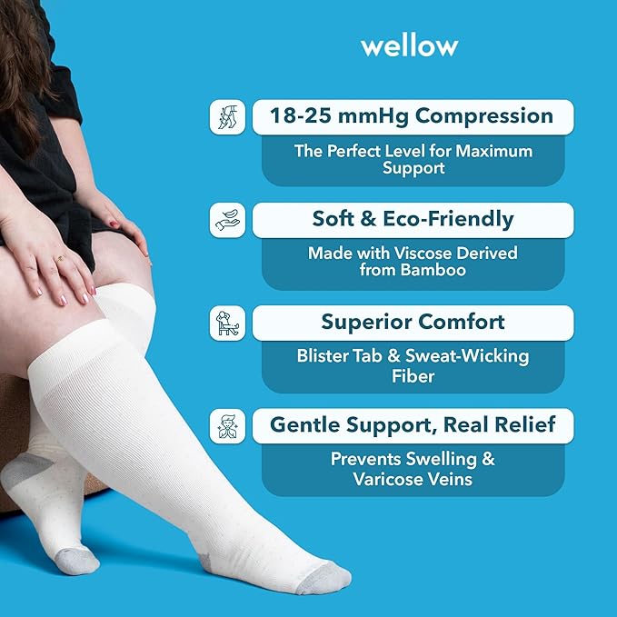 Wellow Wide Calf Compression Socks, Knee High Support, Fit for Men & Women, 18-25 mmHg, Made with Viscose from Bamboo