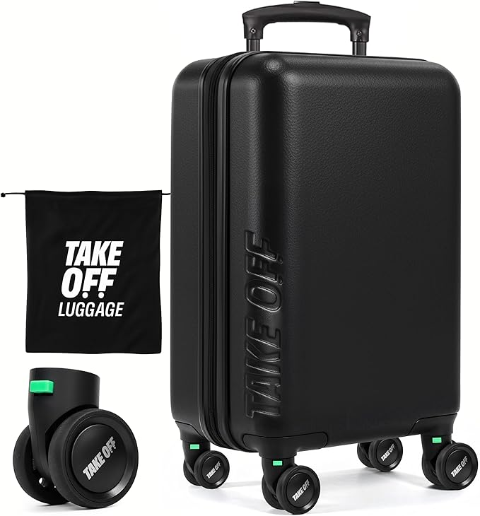 Take OFF Luggage Personal Item Suitcase 3.0 – Small Carry On Luggage with Wheels for Budget Airlines – Under the Seat Luggage with Removable Wheels – With TSA Lock and Toiletry Pouch – 18x14x8, Black