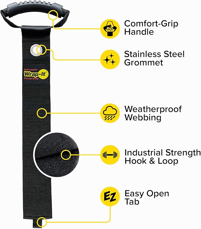 Easy-Carry Wrap-It Storage Straps - 48” (2-Pack) Black with Grommet - Garden Hose Caddy and Cord Wrap for Indoor and Outdoor Cable Organizing