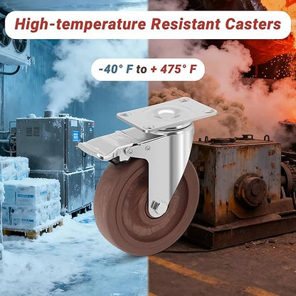 Nefish 5 Inch Casters Wheels, Heavy Duty Casters Set of 4, Durable Castor Wheels with Brake 2400 LBS, High Temperature Casters Glass Filled Nylon Wheels for Workbench, Industrial (-40°F to + 475°F)