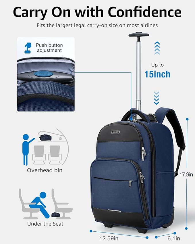 Rolling Backpack, 30L Travel Laptop Backpack with Wheels, 15.6 Inch Personal Item Roller Luggage with USB Charging Port Flight Approved for Men Women Adults, Blue