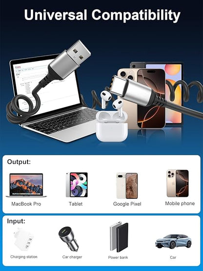 USB A to USB C Cable Coiled 3FT, 2 Pack USB to USBC Carplay Cable, USB A to Type C Charger Cord Compatible with iPhone 17/16/15, Samsung Galaxy S25 S24 S23, Pixel 10 9
