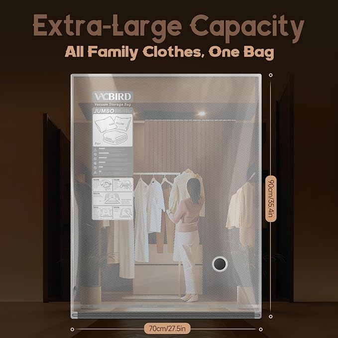 15 Jumbo Size Vacuum Bags for Clothes Storage, Vacuum Sealed Bags for Clothing, Bedding, Blankets and Comforters, Space Saver for Luggage Packing and Moving