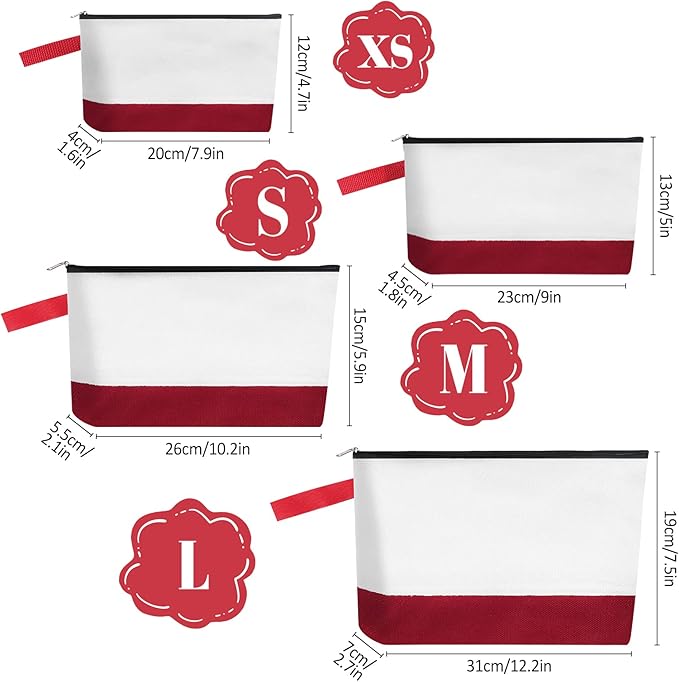 10 Pieces Cotton Canvas Makeup Bag with Bottom and Strap, Multi-Purpose Cosmetic Bag with Zipper Travel Toiletry Pouch, Blank DIY Craft Bag (White&Red, L)