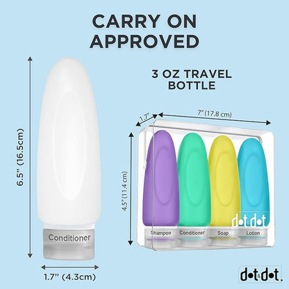 Dot&Dot Leak Proof TSA Approved Travel Bottles for Toiletries - 3oz Shampoo and Conditioner Travel Size Containers - Silicone With Labels