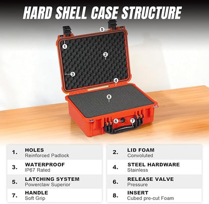 16x 12.8x 6.8 Inch Hard Case, Portable Weather Waterproof Protective Camera Case with Customizable Foam, Fit Use of Drones, Camera, Equipments, Orange